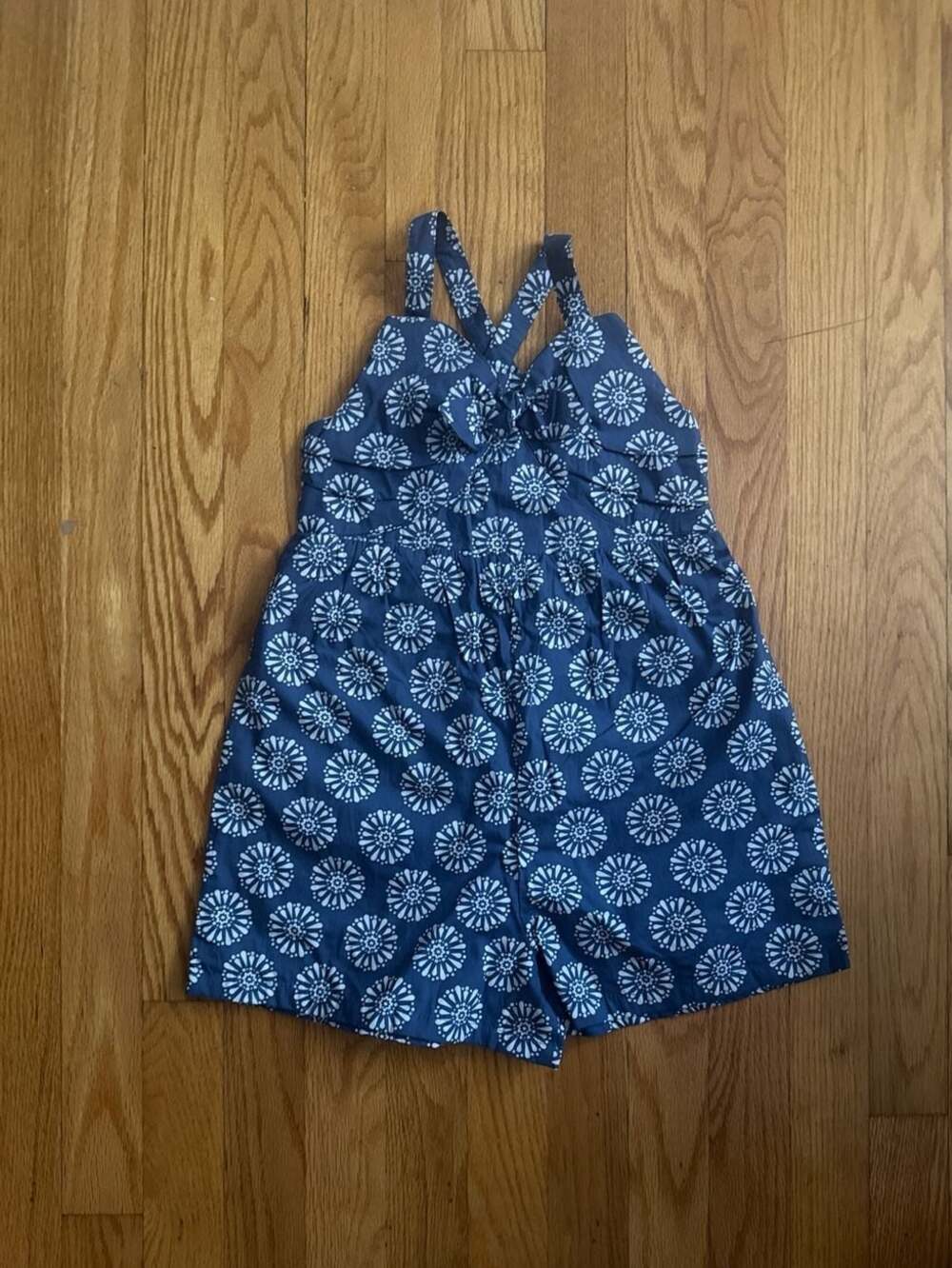 Tommy Bahama Kids Navy Blue and White Floral Medallion Smocked Romper. Little Gi